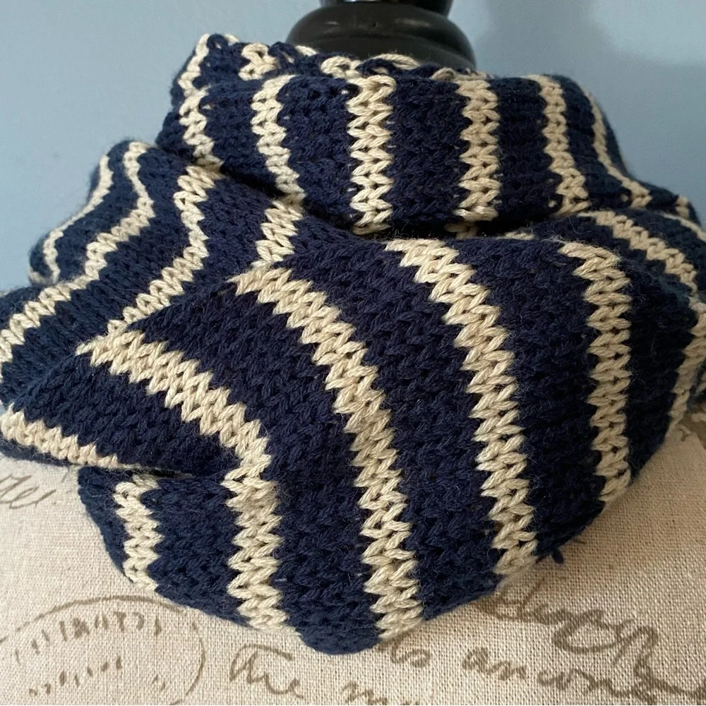 Striped Navy and Cream Infinity Scarf Chunky Knit Coastal Nautical Classic Cozy